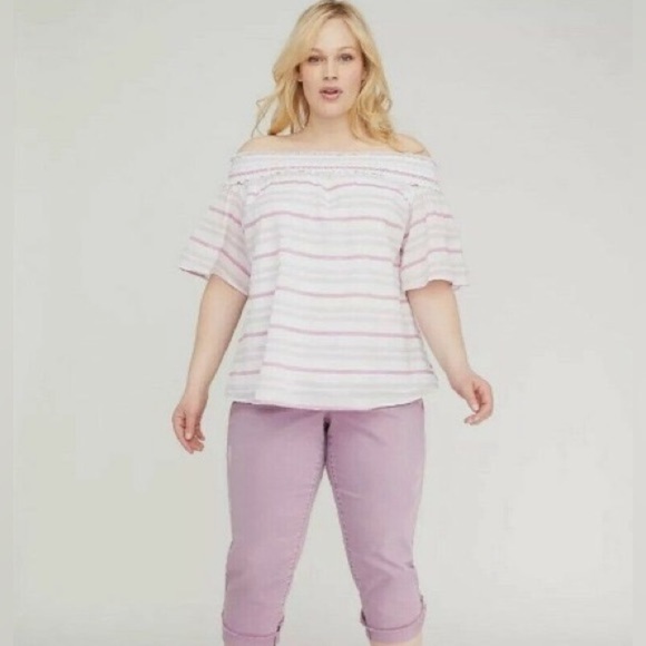 NWT LANE BRYANT SMOCKED OFF THE SHOULDER TOP 18/20 pink, white and purple color - Picture 2 of 12